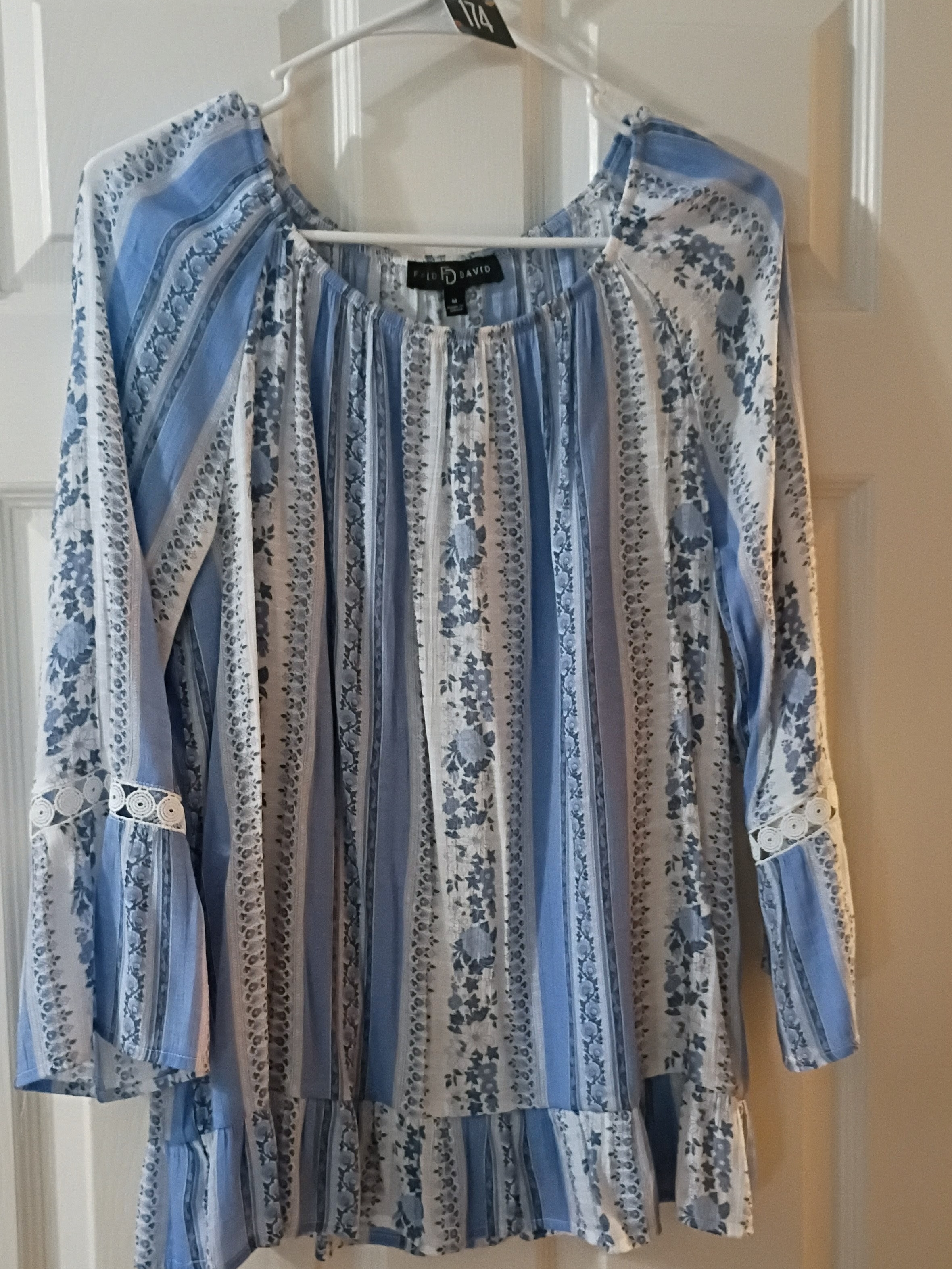 Fred David Blue And White Striped Floral Peasant Tunic